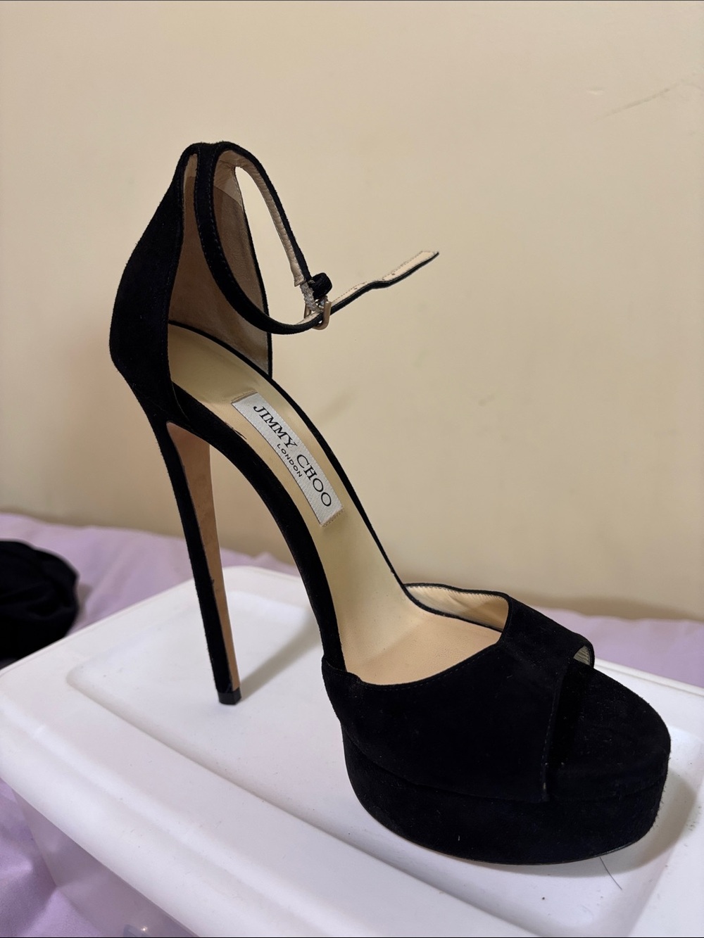 Jimmy Choo Black Suede Platform Peep-Toe Ankle-Strap Pumps